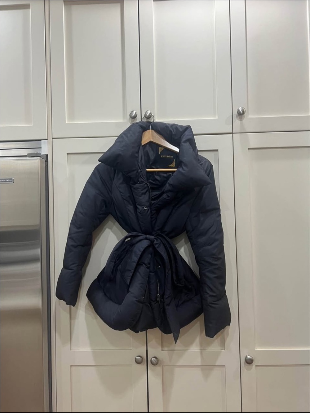 Purple ish puffer coat with tie